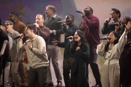 Members of Brooklyn Tabernacle Choir sing at the premiere of their new album, "I Will Not Be Moved” on Feb. 28, 2025.