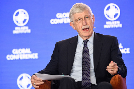 Francis Collins, former NIH director, speaks during the Milken Institute Global Conference in Beverly Hills, California, on May 2, 2022. 