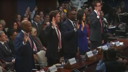 New York Mayor Eric Adams, Denver Mayor Mike Johnston, Chicago Mayor Brandon Johnson and Boston Mayor Michelle Wu testify before House Oversight and Government Reform Committee on March 5, 2025. 
