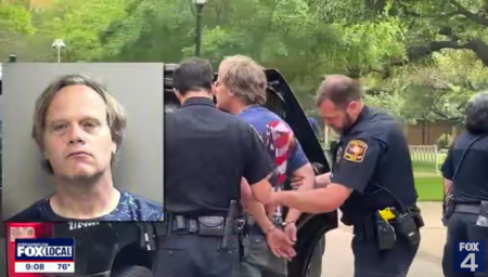 A screenshot showing UT Arlington lecturer Charles Hermes being arrested during a May 2024 pro-Palestinian rally.