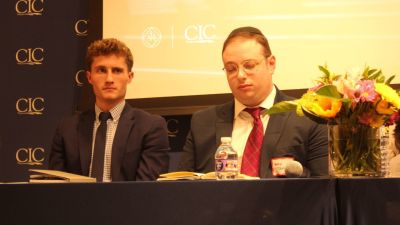 Phillip Dolitsky (R) and James O’Reilly (L) of The Philos Project speak during a one-day conference, “Catholics and Antisemitism—Facing the Past, Shaping the Future,” at the Catholic Information Center on March 10, 2025.