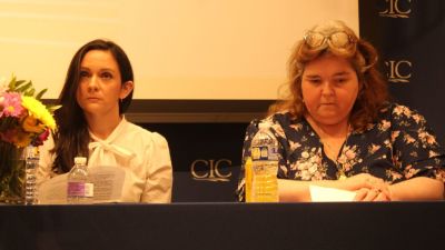 Tablet Magazine writer Maggie Phillips (L) and National Review Institute Senior Fellow Kathryn Jean Lopez (R) speak during the conference, “Catholics and Antisemitism — Facing the Past, Shaping the Future." The Philos Project and the Catholic Information Center hosted the event on March 10, 2025, in Washington, D.C.