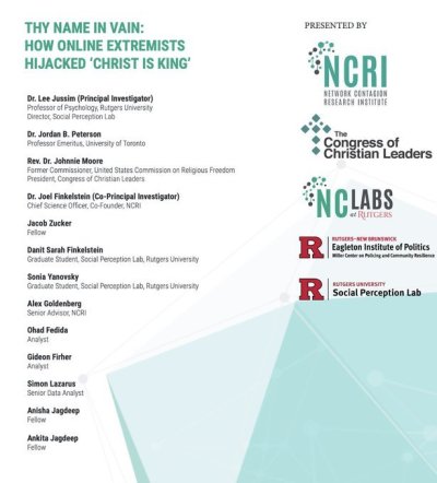 The cover page of the "Thy Name in Vain: How Online Extremists Hijacked ‘Christ is King’" report names Rev. Johnnie Moore, Dr. Jordan Peterson, and other contributors. 