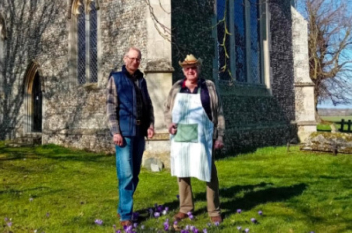 Richard Chatham (L) and Gerry Smith (R) outside St Mary's Church in Market Weston, Suffolk, England.