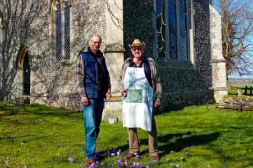 Richard Chatham (L) and Gerry Smith (R) outside St Mary's Church in Market Weston, Suffolk, England. 