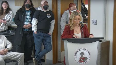 Nicole Georgas speaks during a Deerfield School District 109 School Board meeting in Illinois on March 13, 2025. The mother said that administrators at Shepard Middle School tried to force her daughter and other girls to change in front of a boy who identified as female. 