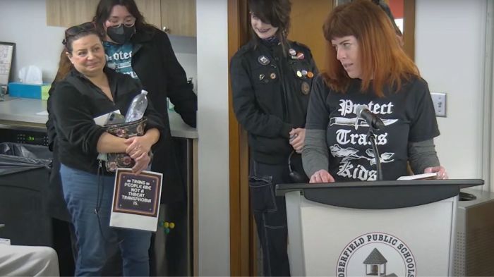 Tina Nelson, who identified herself as "part of the LGBTQ community," speaks during a Deerfield School District 109 School Board meeting on March 13, 2025.