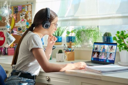 A girl sits in front of a computer.