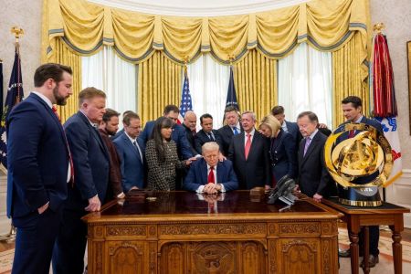 Over a dozen Christian leaders prayed with President Donald Trump in the Oval Office on March 18, 2025, in Washington, D.C.