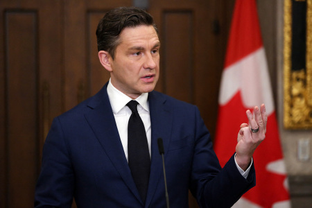 Canadian Conservative Party leader Pierre Poilievre speaks during a news conference on Parliament Hill on Dec. 16, 2024, in Ottawa. Deputy Prime Minister Chrystia Freeland in a surprise announcement on Monday quit over disagreements with Justin Trudeau on Canada's response to US President-elect Donald Trump's tariff threats. 