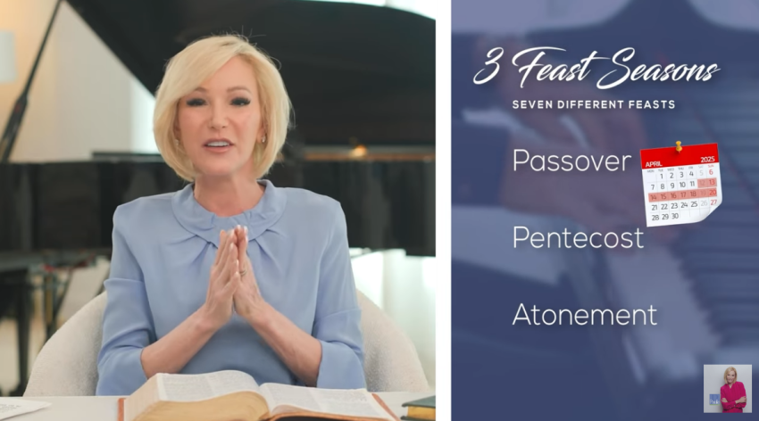 A screenshot of Paula White-Cain from a video titled “Passover Season: God’s Divine Appointment With You!” posted March 23, 2025.