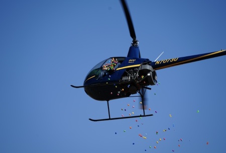A helicopter drops loads of Easter eggs for an event in 2023 that was organized by Faith Lutheran Church of Aurora, Illinois.
