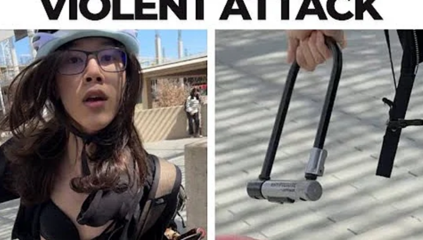 A screenshot of a suspect attacking TPUSA members with a bike lock in a video published March 26, 2025.