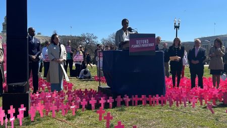Toni McFadden shares her abortion story on Capitol Hill in Washington on March 27, 2025, during a pro-life event calling on the government to defund Planned Parenthood. 