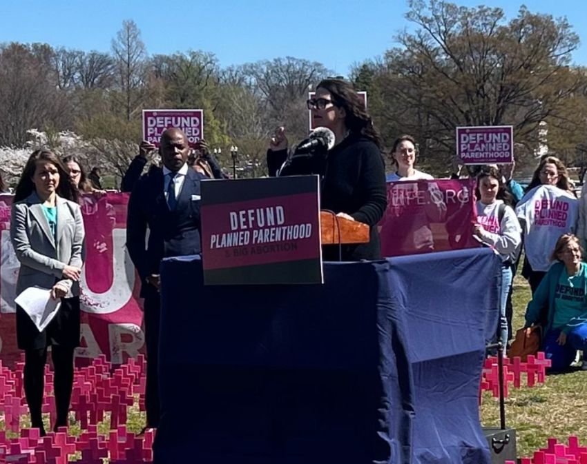 Students for Life President Kristan Hawkins speaks on March 27, 2025, speaks during a pro-life event calling on the government to defund Planned Parenthood in Washington, D.C. 