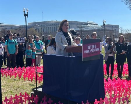 Susan B. Anthony Pro-Life America President Marjorie Dannenfelser speaks during a pro-life event on Capitol Hill in Washington on March 27, 2025 about why she believes it is the time to defund Planned Parenthood.