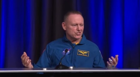 Astronaut Barry "Butch" Wilmore speaks during a press conference at NASA’s Johnson Space Center in Houston, Texas, on March 31, 2025.