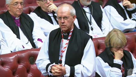 A video grab from footage broadcast by the U.K. Parliament's Parliamentary Recording Unit (PRU) shows Archbishop of Canterbury Justin Welby delivering his final speech in the House of Lords in London, England, on Dec. 5, 2024. 