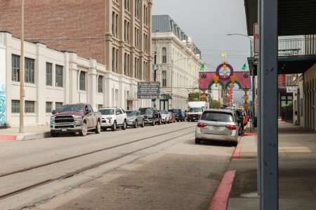 The streets of the five-block Strand historic district in Galveston, Texas. 