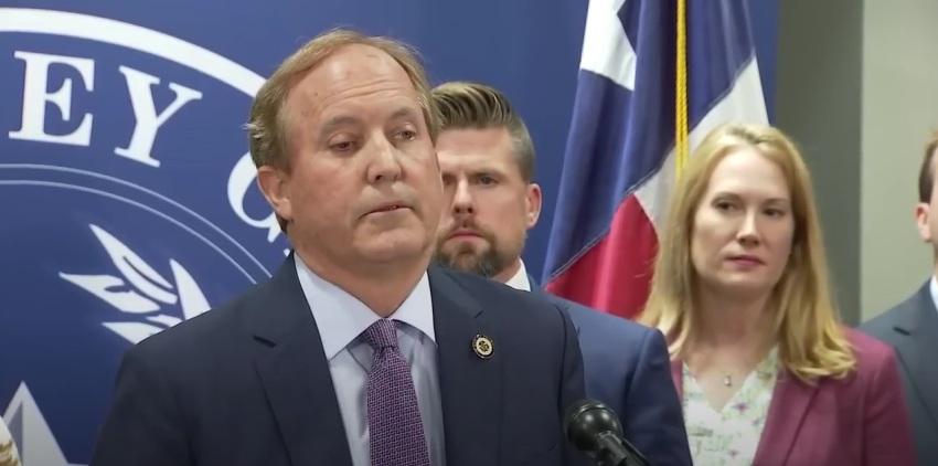 Texas Attorney General Ken Paxton giving a press conference in May 2023. 