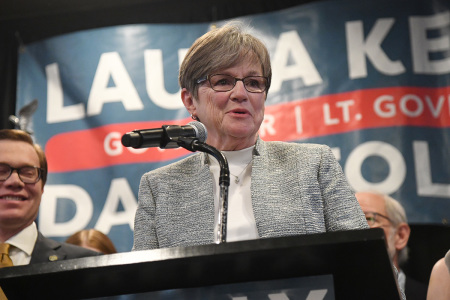 Incumbent Democratic Gov. Laura Kelly addresses the crowd during her watch party at the Ramada Hotel Downtown Topeka on Nov. 8, 2022 in Topeka, Kansas. .