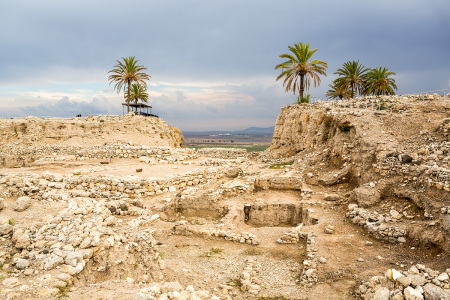 A general view of Megiddo, a unique site whose 25 archaeological layers documents every period of the history of Ancient Israel.At the horizon, the valley of Jezreel.Megiddo, A Unesco World Heritage site under the category "Biblical Tells - Megiddo, Hazor, Beer Sheba."
