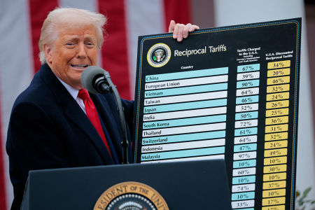 U.S. President Donald Trump holds up a chart of "reciprocal tariffs" while speaking during a “Make America Wealthy Again” trade announcement event in the Rose Garden at the White House on April 2, 2025 in Washington, DC. Touting the event as “Liberation Day”, Trump is expected to announce additional tariffs targeting goods imported to the U.S.