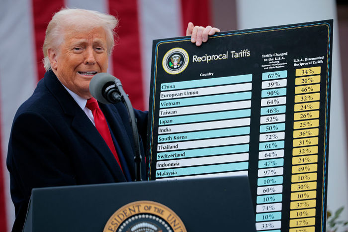U.S. President Donald Trump holds up a chart of "reciprocal tariffs" while speaking during a “Make America Wealthy Again” trade announcement event in the Rose Garden at the White House on April 2, 2025, in Washington, D.C. Touting the event as “Liberation Day”, Trump is expected to announce additional tariffs targeting goods imported to the U.S.