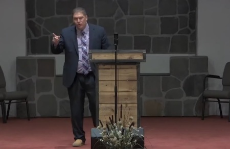 Missionary pastor Josh Sullivan preaches a sermon at First Baptist of Mariposa, California, in August 2024.