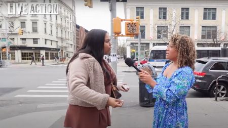 Pro-life advocate Savannah Craven Antao (R) was assaulted by Brianna J. Rivers (L) while conducting interviews for Live Action in Harlem, New York, on April 3, 2025. 