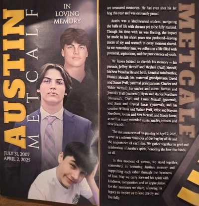 The cover of the program shared at at memorial service for Austin Metcalf on April 12, 2025, in Frisco, Texas. 