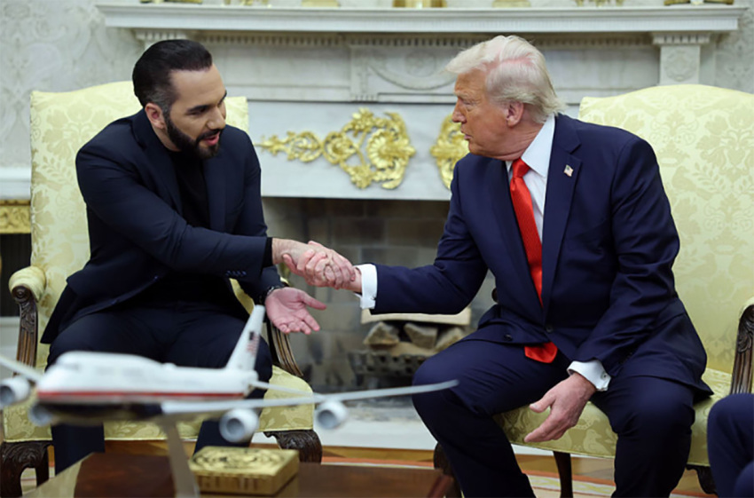 U.S. President Donald Trump meets with El Salvadoran President Nayib Bukele in the Oval Office of the White House on April 14, 2025, in Washington, D.C. Trump and Bukele were expected to discuss several bilateral issues, including the detention of Kilmar Armando Abrego García, who has been in prison in El Salvador since March 15.