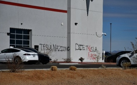 A vandalism and arson attack against at the Tesla Albuquerque Showroom in Bernalillo, New Mexico, on Feb. 9, 2025. 