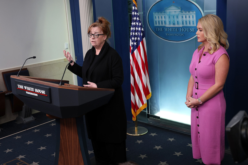 Patty Morin (L), mother of Rachel Morin, speaks as White House Press Secretary Karoline Leavitt looks on during a daily press briefing in the Brady Press Briefing Room at the White House on April 16, 2025, in Washington, D.C. In 2023, Morin's daughter was murdered by Victor Martinez-Hernandez, an illegal immigrant from El Salvador who was convicted of first-degree murder and first-degree rape on Monday. During the briefing, Leavitt addressed the Trump administration's illegal deportation of Kilmar Armando Abrego Garcia, a Maryland man who has been held in prison in El Salvador since March 15.