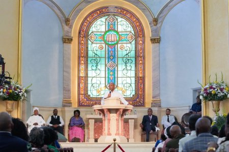 New York City Mayor Eric Adams speaks at Temple of Restoration Church in Brooklyn on April 20, 2025.