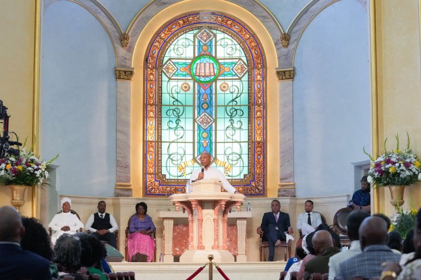 New York City Mayor Eric Adams speaks at Temple of Restoration Church in Brooklyn on April 20, 2025.