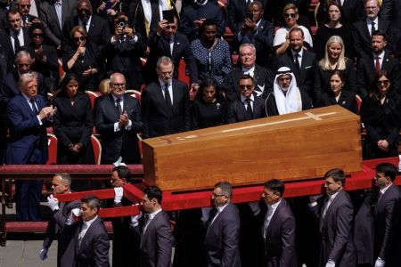 U.S. President Donald Trump, US First Lady Melania Trump, Estonian President Alar Karis, King Felipe VI of Spain, Queen Letizia of Spain, Ecuador's President Daniel Noboa, His Highness Abu Dhabi's Crown Prince and President of the United Arab Emirates Sheikh Khaled Bin Mohammed Bin Zayed Al Nahyan and Queen Mary Of Denmark attend the funeral of Pope Francis in St. Peter’s Square on April 26, 2025 in Vatican City, Vatican. 