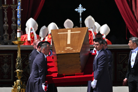 Pallbearers carry the coffin of late Pope Francis at the end of the funeral ceremony at St Peter's Square in the Vatican, on April 26, 2025.