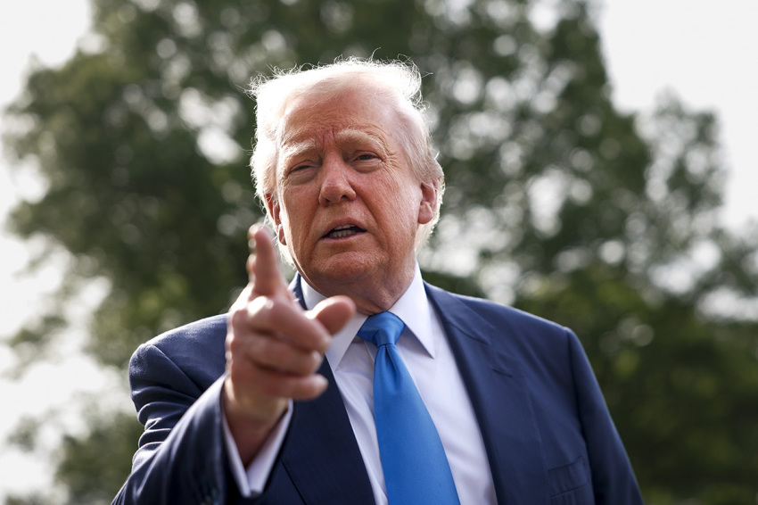 U.S. President Donald Trump speaks to the media as he departs the White House on April 25, 2025 in Washington, D.C.