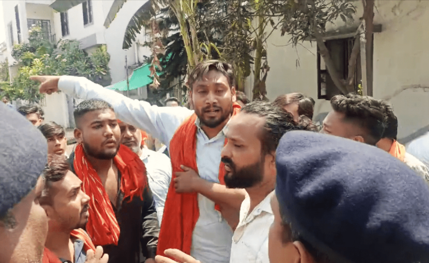 Hindu extremists confront church members in Raipur, India, on March 9, 2025. 