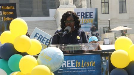 Yalonda Chandler, founder of Legacy Builders Academy, speaks during a Free to Learn rally outside of the U.S. Supreme Court on April 30, 2025, as the justices heard arguments in "Oklahoma Statewide Charter School Board v. Drummond."