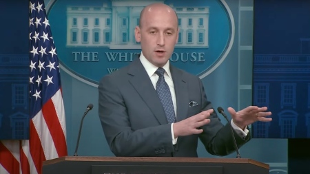 White House deputy chief of staff Stephen Miller speaks to reporters in the White House briefing room on May 1, 2025.