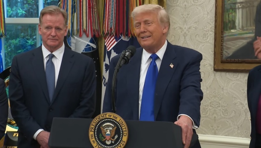 President Donald Trump speaks with the media during a press conference at the White House with NFL Commissioner Roger Goodell (left) and Washington D.C. Mayor Muriel Bowser.