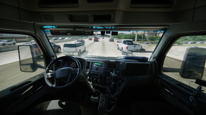 An inside view of one of Aurora’s self-driving trucks operating on Texas roads.