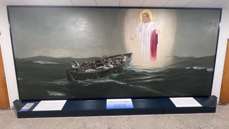 The 1944 painting "Christ on the Water" by Hunter A. Wood on display in the basement of the chapel of the U.S. Merchant Marine Academy in Kings Point, New York.