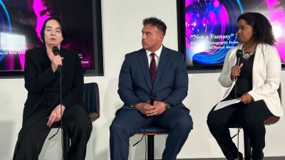 Jewell Baraka (L) and Joshua Broome (C) discuss their experiences in the porn industry during an event hosted by the National Center on Sexual Exploitation in Washington, D.C., on March 13, 2025. Christen Price (R), senior legal counsel for the NCOSE law center, served as the moderator. 