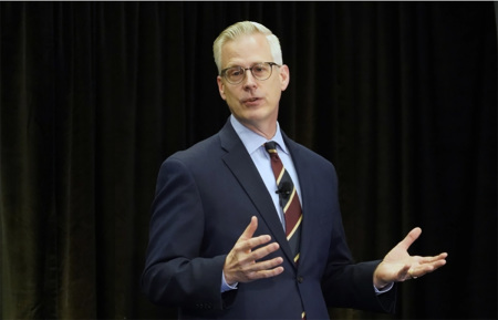 John Plake, chief innovation officer at American Bible Society, presents findings from the 2025 State of the Bible report during the Evangelical Press Association annual convention in Branson, Missouri, on May 5, 2025. 