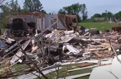 The remains of a home are scattered in the aftermath of a tornado that ripped through Laurel County, Kentucky on May 16, 2025. 
