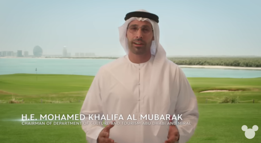 Screenshot of a Disney promotional video featuring Mohamed Khalifa al Mubarak, chairman of the department of culture and tourism for Abu Dhabi and Miral. 