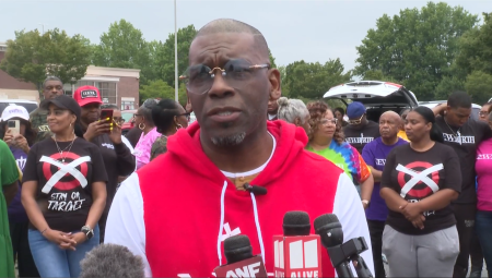 New Birth Missionary Baptist Church Pastor Jamal Bryant and his members protested for 9 minutes and 29 seconds outside a Target store in Conyers, Ga., on Sunday May 25, 2025.